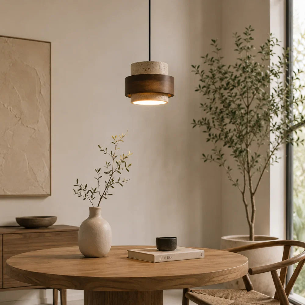 Suspension en travertin & Bois noyer moderne 20 cm