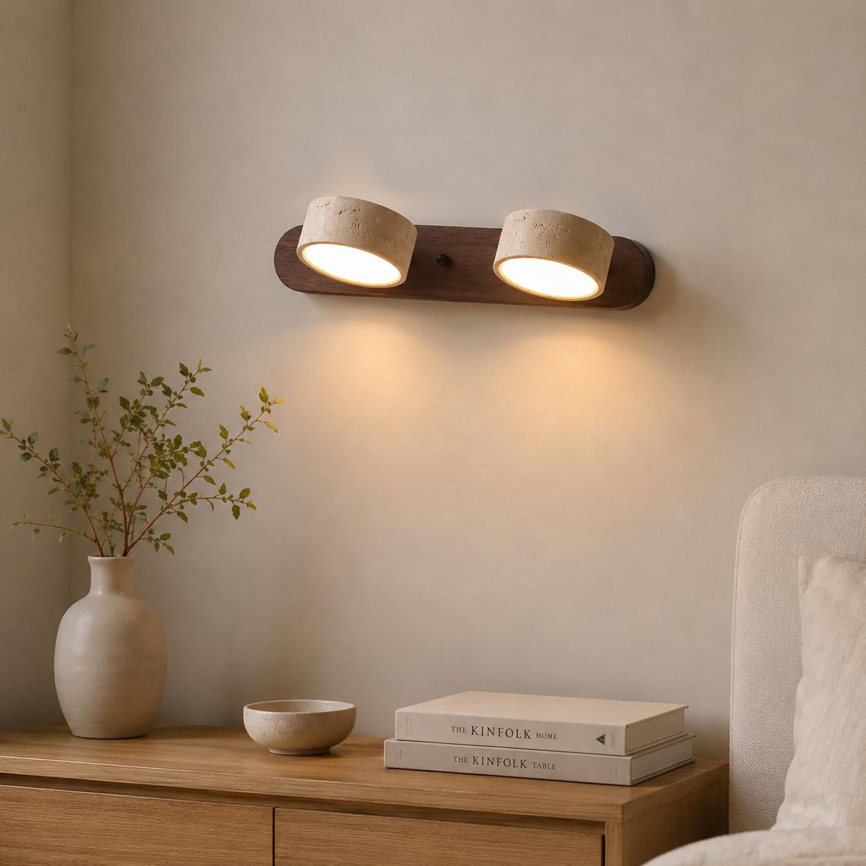 Applique murale design travertin & bois multi-têtes
